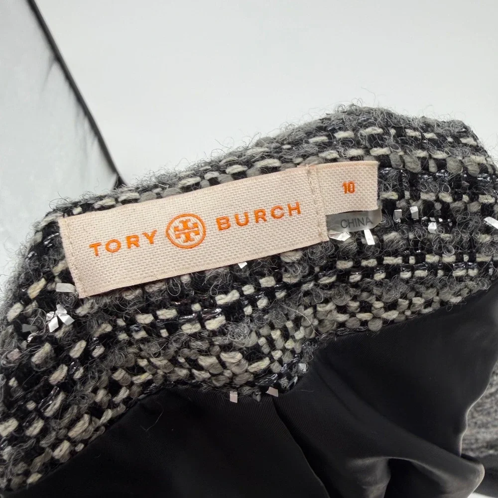 Tory Burch Metallic Tweed Mixed Media Peplum Jacket Grey Black Size 10